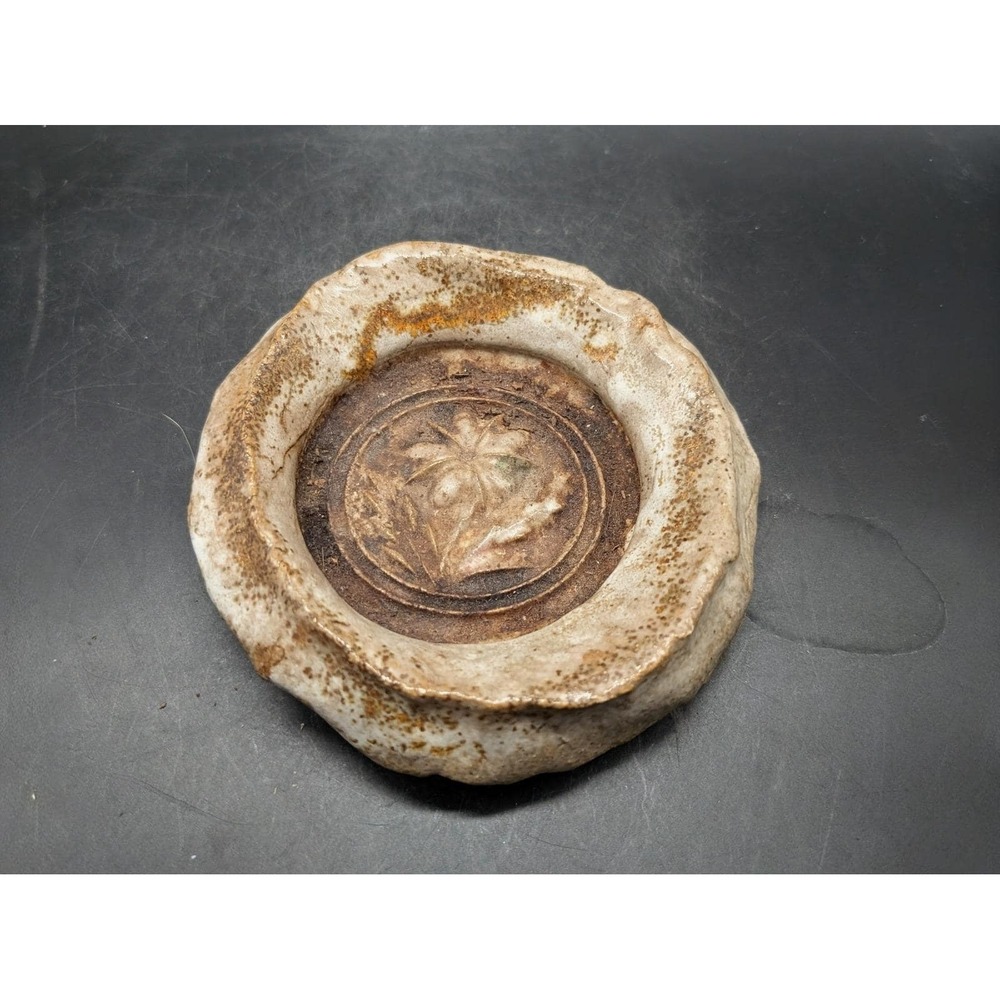 Handmade Studio Pottery Rustic Floral Medallion Trinket Dish Brown White Glaze
